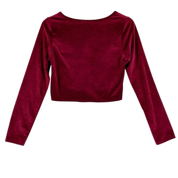 Altar’d State V-Neck Crop Top Womens M Maroon Red Velvet Long Sleeve Ruched - Picture 3 of 5